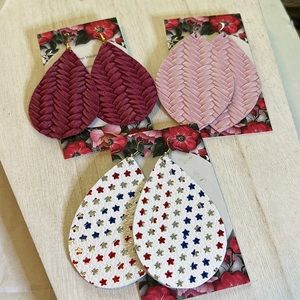 LEATHER DANGLE EARRINGS THREE PAIRS NEW ON CARDS